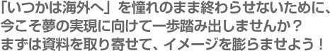 いつかは海外へを憧れのまま終わらせないために、今こそ夢の実現に向けて一歩踏み出しませんか？まずは資料を取り寄せて、イメージを膨らませることから始めよう